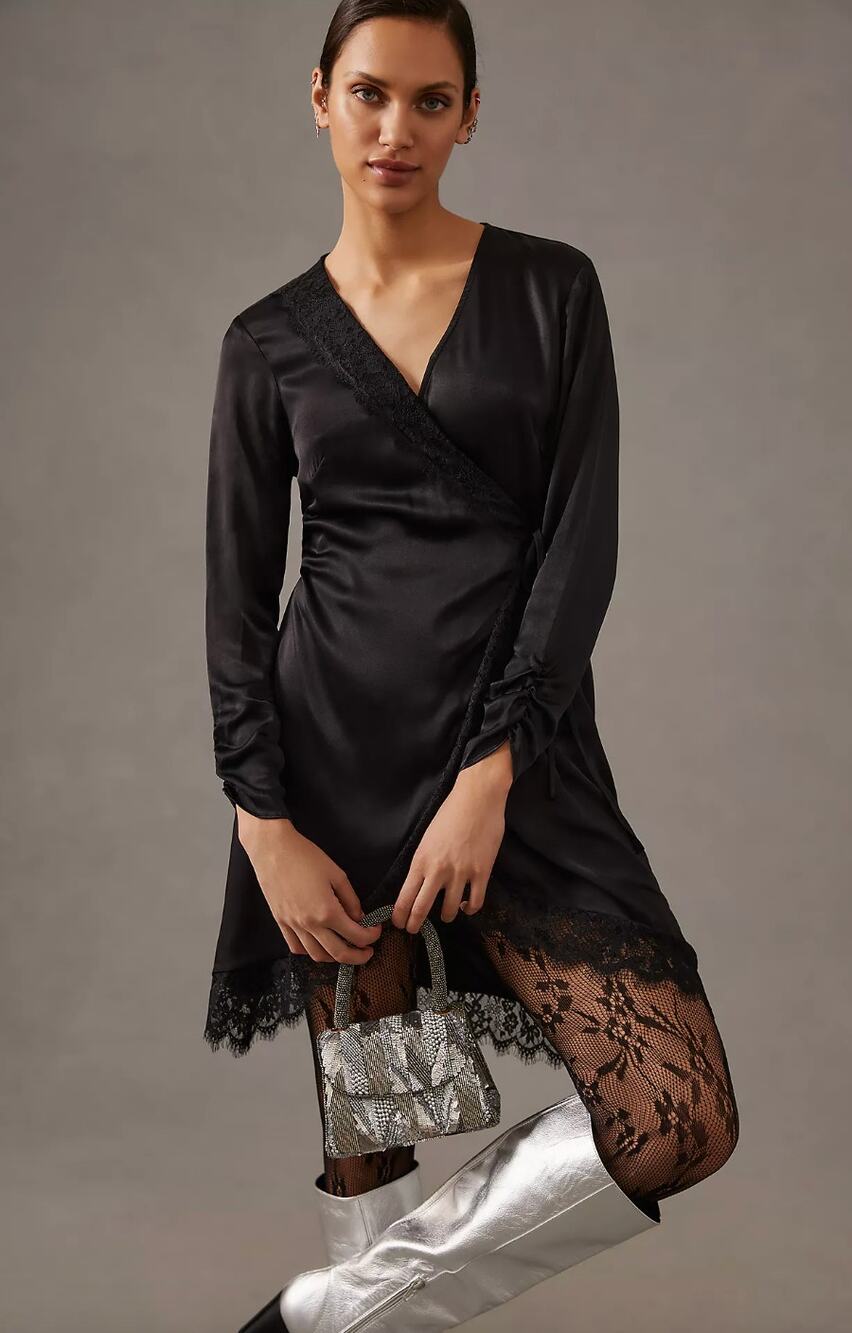 Anthropologie Lace Trimmed Wrap Dress Viscose Satin Long Sleeve Black XS NWT